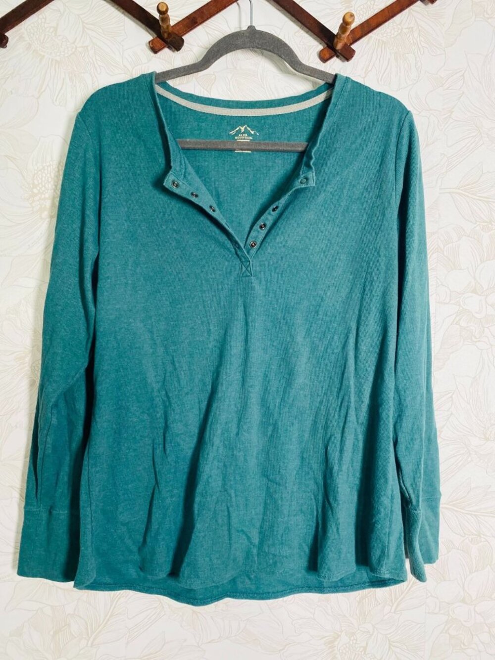 Blue Mountain Womens XL Teal Long-Sleeve Henley Shirt Cotton Blend